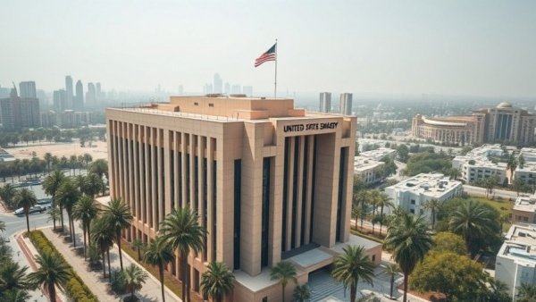 US embassy building in Arab country with cityscape background.