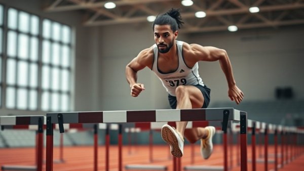 Athlete leaping over hurdle in 110m race, dynamic shot.