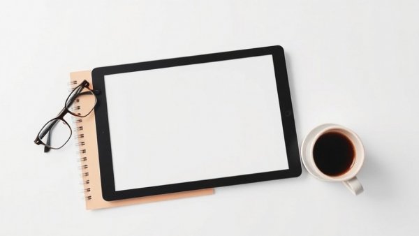 Minimalist tablet with book cover design including coffee and glasses.