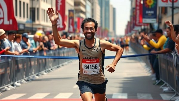 Runner crossing Tokyo Marathon finish line, showcasing determination and achievement.