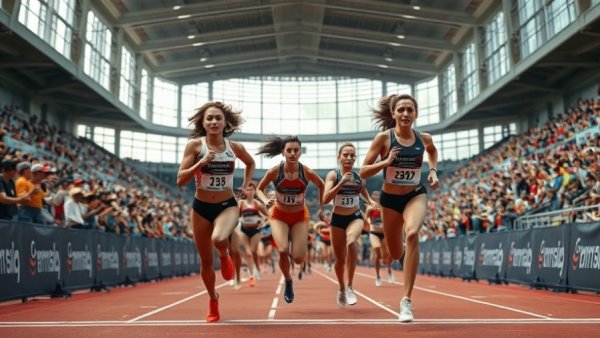 Athletic competition with runners crossing the finish line at Addy Wiley indoor championship