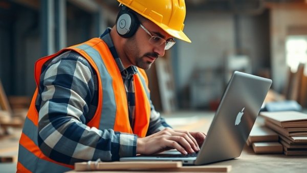 Construction worker using laptop on-site, cybersecurity in construction context.