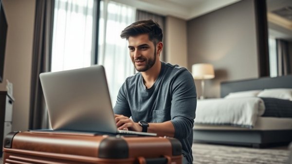 Young man building a life abroad, contemplating with a laptop in a hotel room.