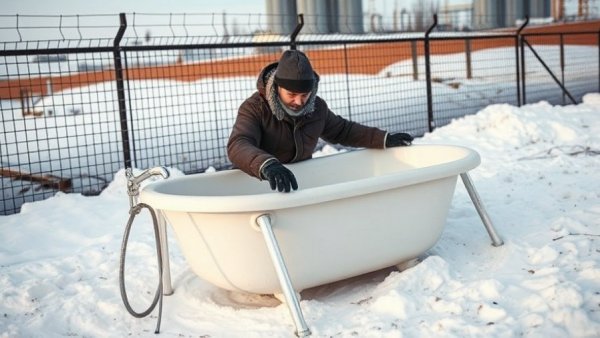 DIY bathtub for $50, man testing homemade foam tub in snow.