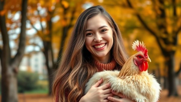 Smiling woman outdoors holding a chicken, vibrant autumn setting.