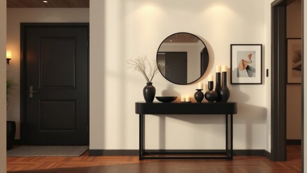 Sleek entryway design featuring black console and modern decor.