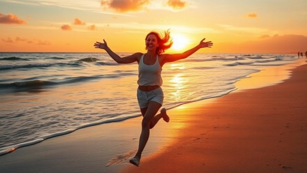 Woman enjoying a healthy beach vacation at sunset.