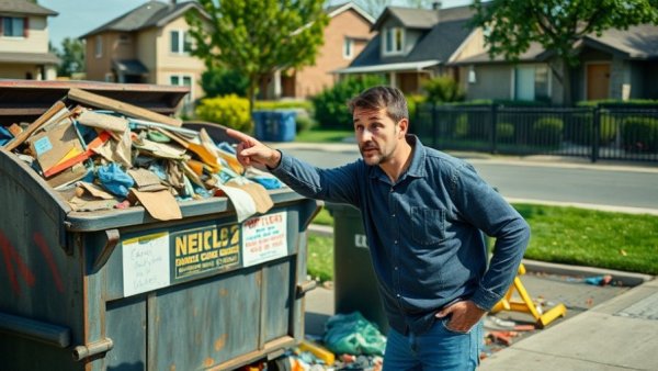 Home items affecting sale price, concerned man pointing at dumpster.