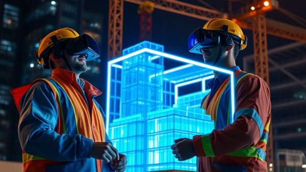 Urban AI in Construction: VR technology on a modern site at night.