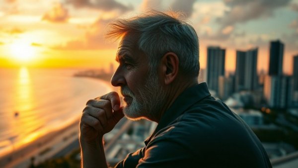 Monthly Cost of Retiring in Jomtien, scenic sunset cityscape with thoughtful man.