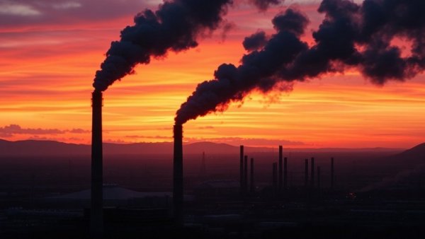 Industrial smokestacks emitting pollution at sunset, Google's $100 million initiative against superpollutants.