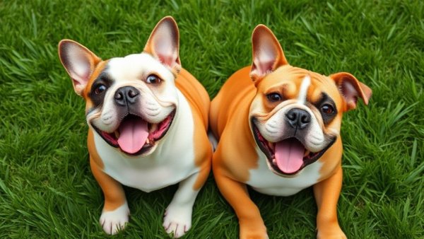 Happy bulldogs sitting on artificial grass, showcasing why artificial grass is a smart choice for dogs.