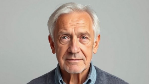 Studio portrait of an elderly man with a neutral expression.