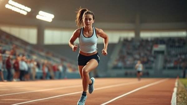 Female athlete running in a track field, dynamic motion.
