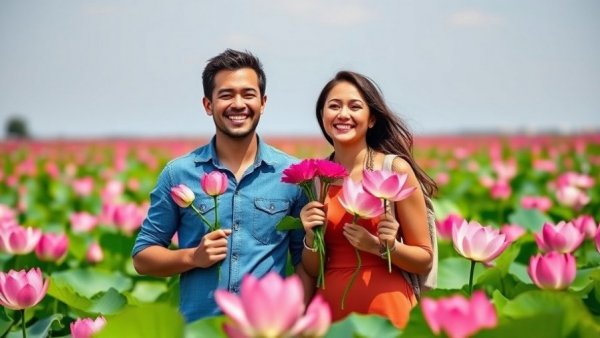 Couple enjoying a lotus field adventure - Southeast Asia Travel Tips