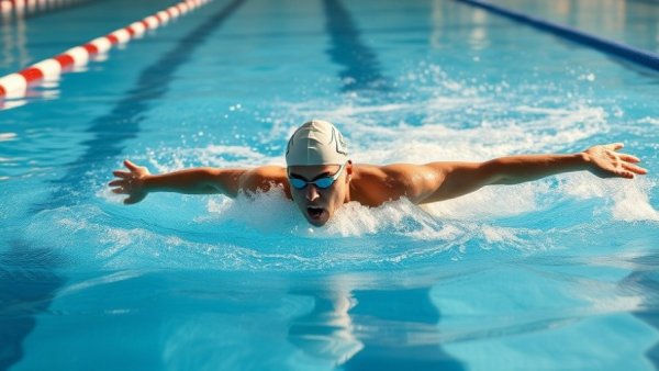 Dynamic swimmer practicing strokes, improving in a clear pool.
