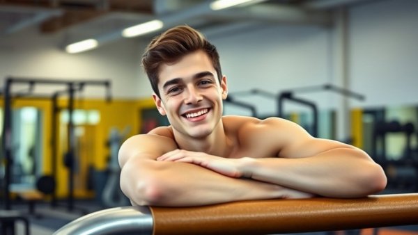 Rhys McClenaghan smiling during training in a gym setting, showcasing competitive return.