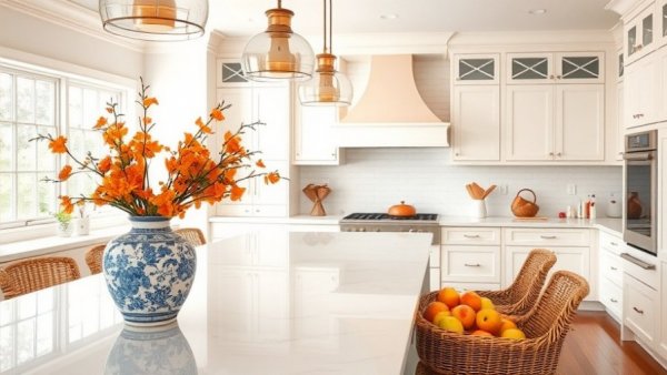 Elegant spring kitchen decor with blossoms and natural light.