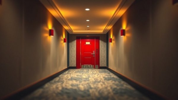 Blurred hotel hallway depicting safe indoor locations to seek shelter.
