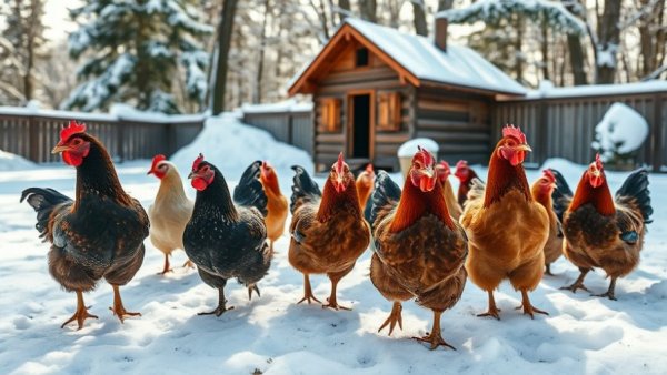 Chickens freely exploring snowy backyard near a coop.