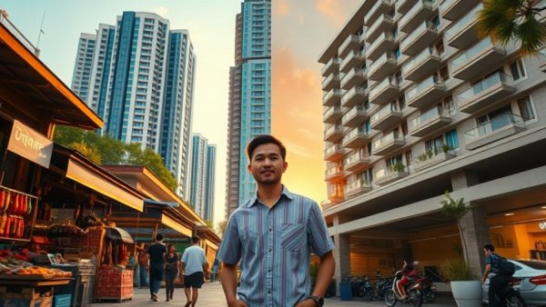 Contrasting Thai lifestyle with markets and modern buildings.
