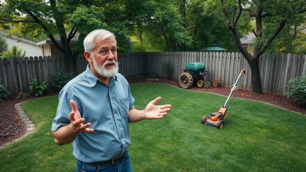 Man explaining pre-emergent weed control strategies in garden.