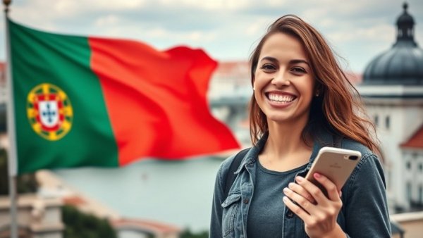 Portugal relocation services, smiling woman with passport and phone.