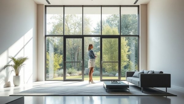 Minimalist interior design with large glass doors.