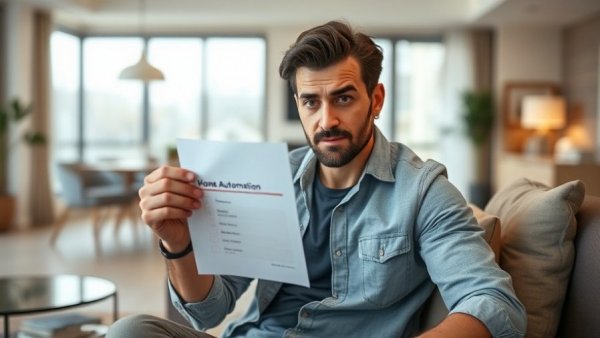 Casual man critiques home automation tasks, home living room.