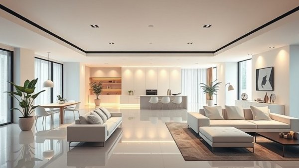 Elegant living room dining room combo with modern design, ambient lighting.