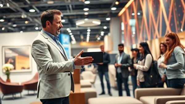 Man demonstrating at China International Furniture Fair 2026, vibrant scene.