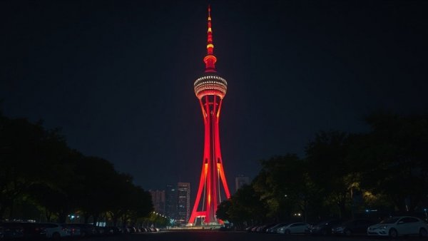 The Torch is Still Standing: Illuminated tower glowing at night.