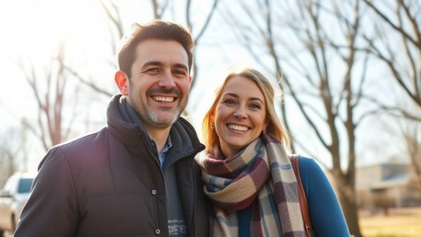 Expats Moving to Canada: Smiling couple outdoors in spring.