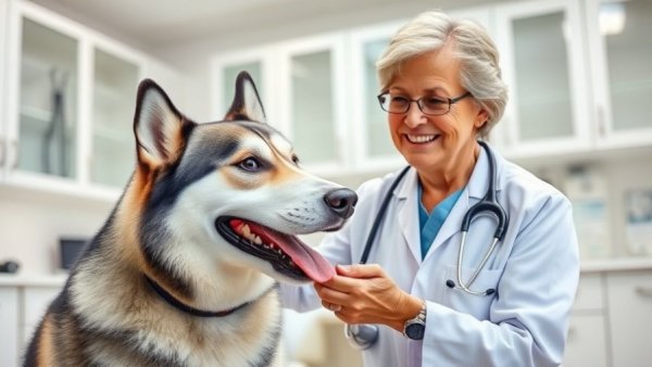 Veterinarian examining husky in clinic for moving pets to Australia.