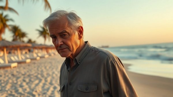Retirees Love Cha-Am Thailand beach scene with thoughtful man.