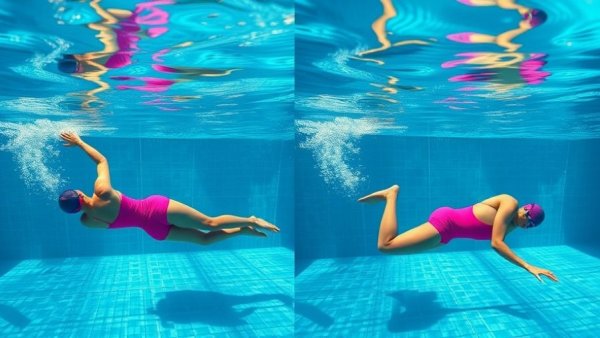 Comparison of swimmer's rotational techniques in a pool, highlighting good vs. bad rotation.