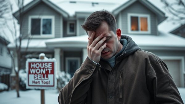Frustrated man in front of frozen house sign, symbolizing stuck in a frozen housing market.