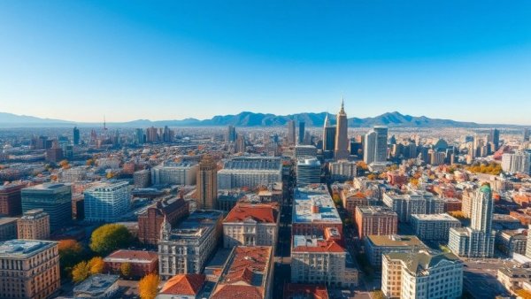 Aerial city view near Bryan Construction's HQ, with urban architecture and mountains.