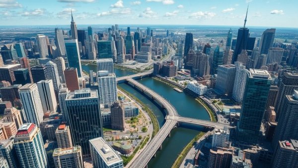 Aerial view of cityscape with skyscrapers and river