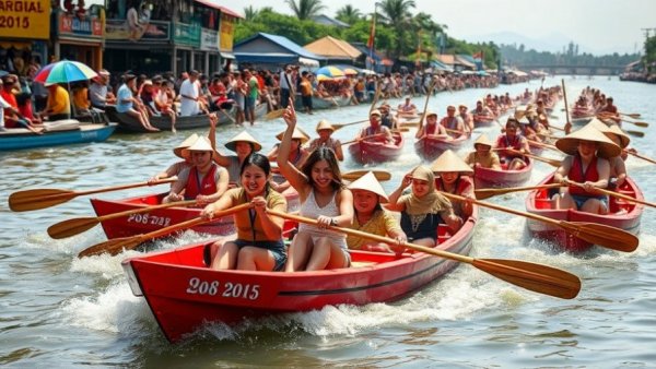 Mekong's Biggest Festival with colorful boat race and cheering crowd.