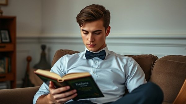 Young man reading book on sofa, achieving financial goals while navigating expat life.