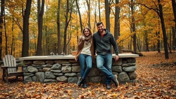 Couple with DIY outdoor kitchen in autumn forest setting.