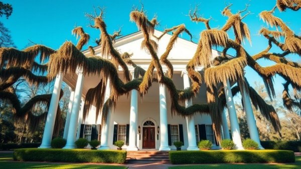 Destrehan Plantation with mossy trees, Southern architecture