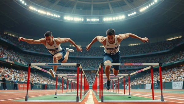 Comparison of traditional vs double-arm hurdle techniques in a stadium.