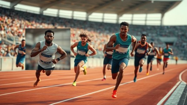 Dynamic race finish with athlete inset, emphasizing athlete health management.