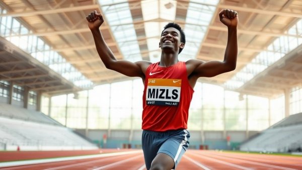 Joyful athlete's favorite celebration on indoor track