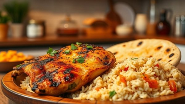 U.S. Community Life in Qatar: grilled chicken, flatbread, and rice.