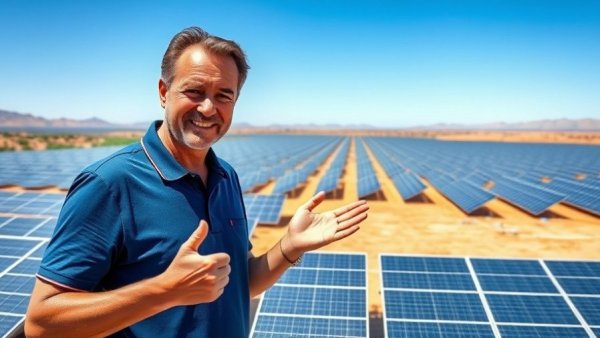 ReNew executive at solar panel site, showcasing expansion efforts.