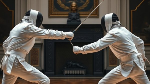 Fencers dueling in elegant room, showcasing Ways to Fight Fair.