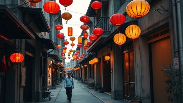 Charming street in Vietnam with colorful lanterns in April 2026